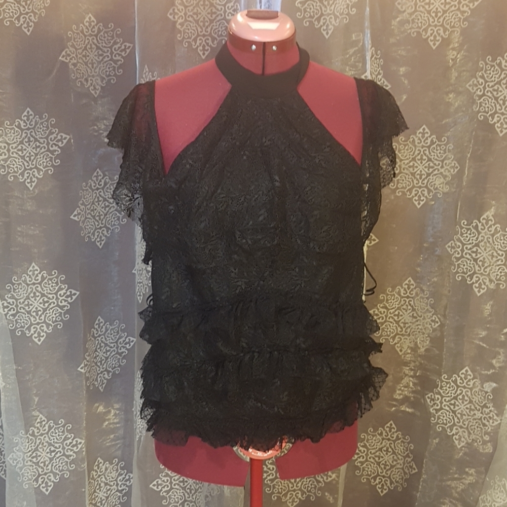 Black lace halter top, open back